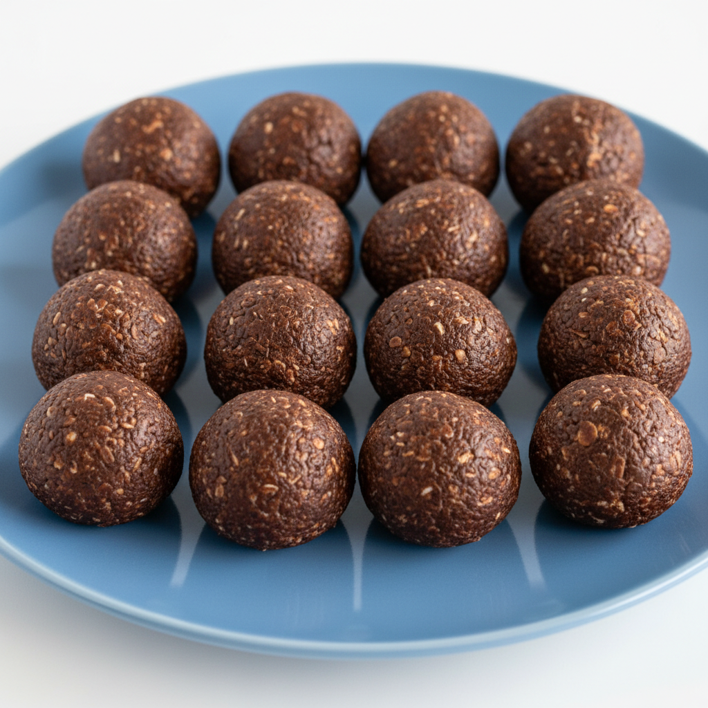 12 Mini Chocolate and Oat Protein Balls on Blue Plate